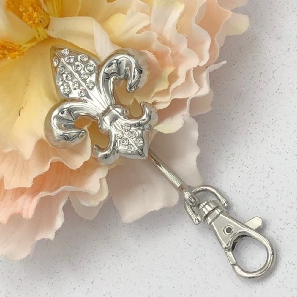🌼 Fleur De Lis Silver Rhinestone Purse Key Holder Hook Keychain